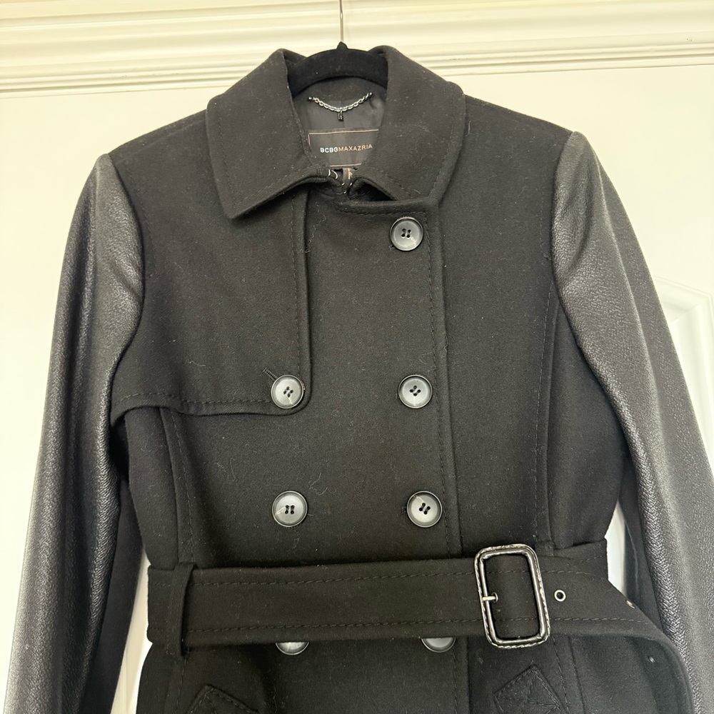 BCBGMaxAzria Leather and Wool Double-Breasted long coat